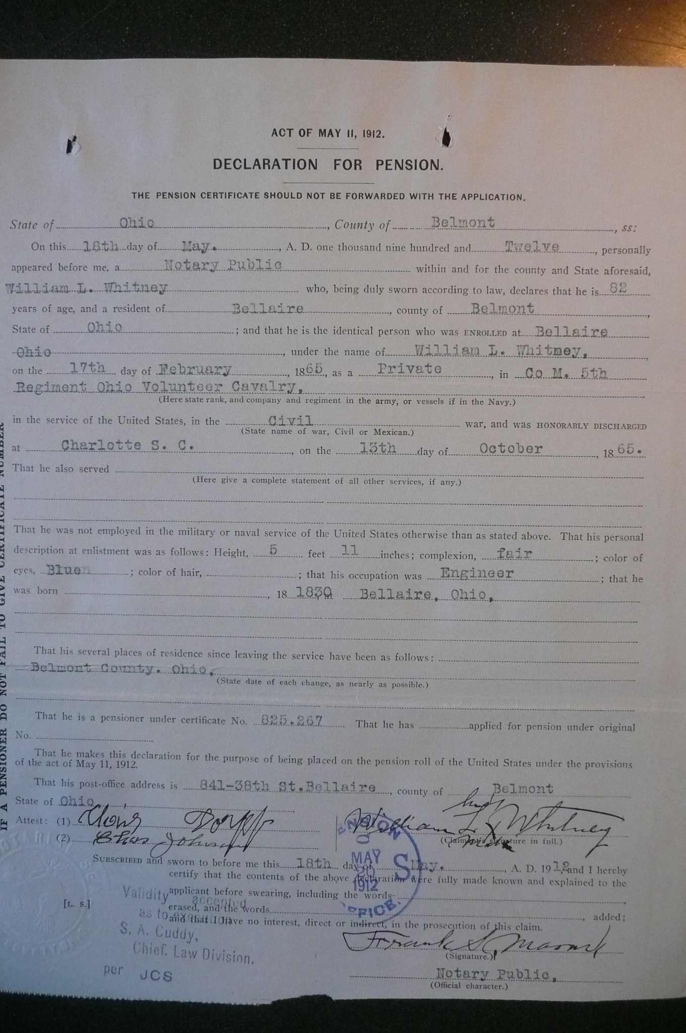 Soldier's Pension Declaration. 1912