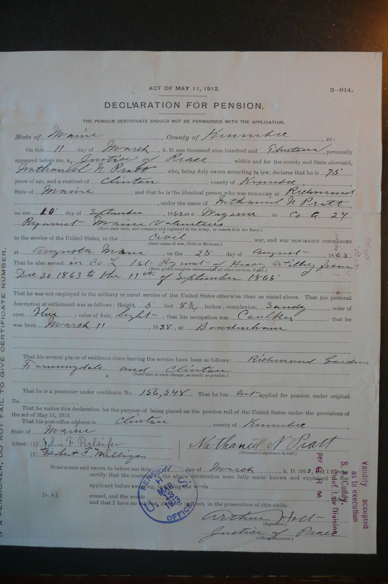 Soldier's Pension Declaration, 1912