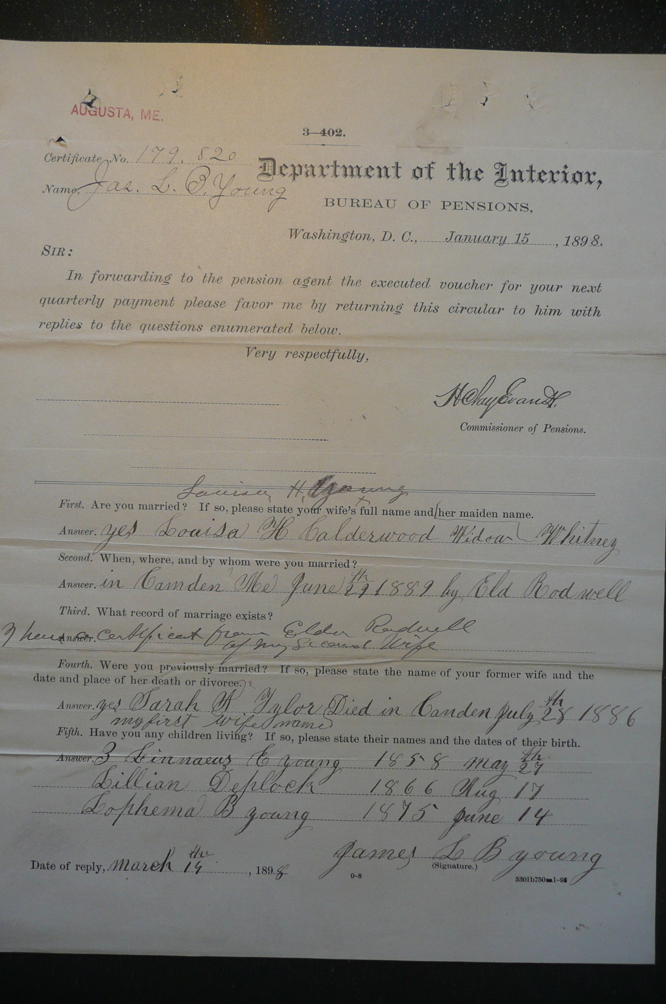 Reply to Inquiry, 1898