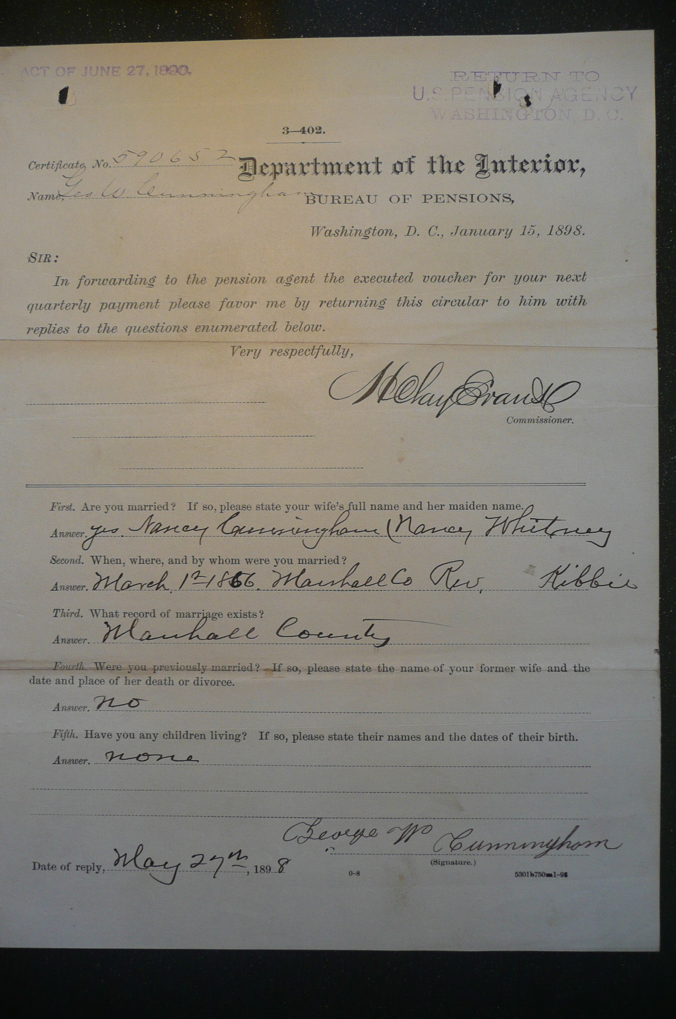 Reply to Inquiry, 1898