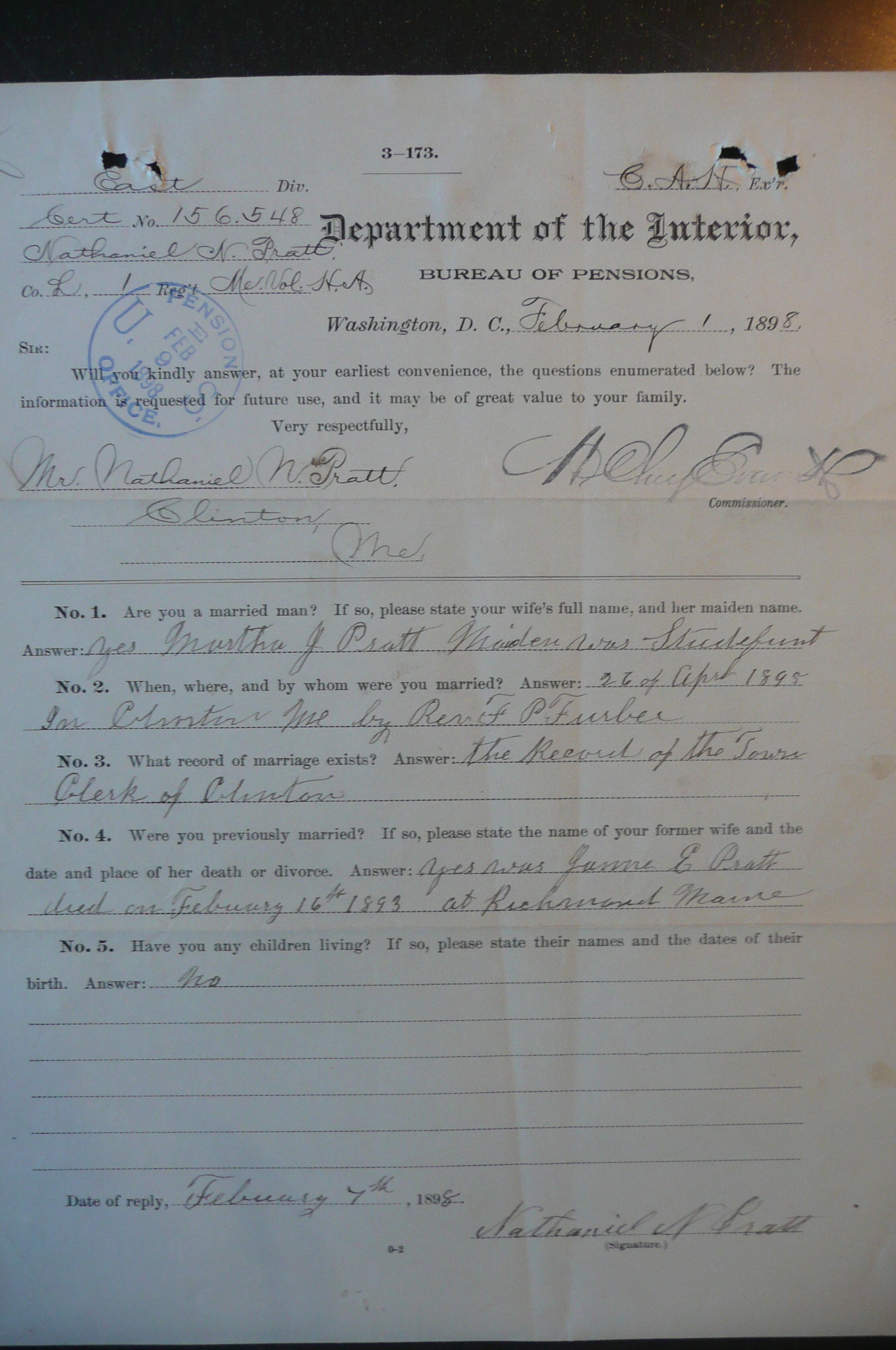 Reply to Inquiry, 1898