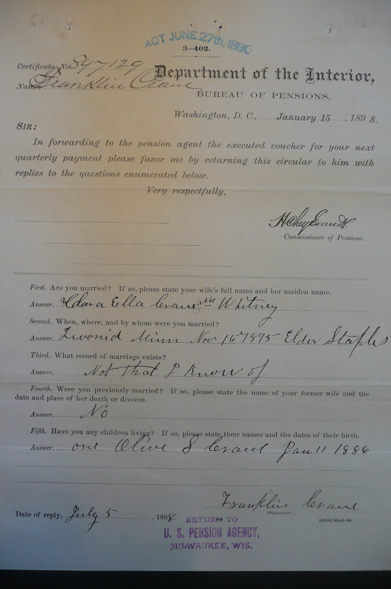 Reply to Inquiry, 1898