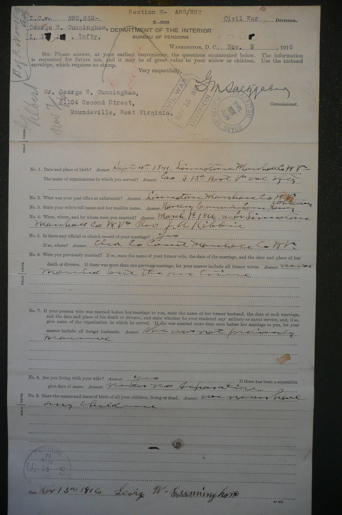 Reply to Inquiry, 1916