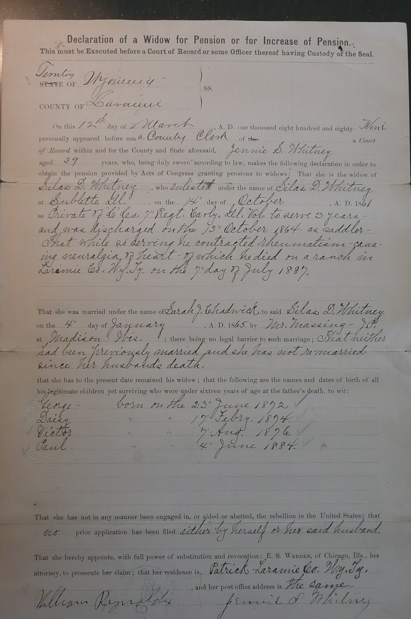 Widow's Pension Application