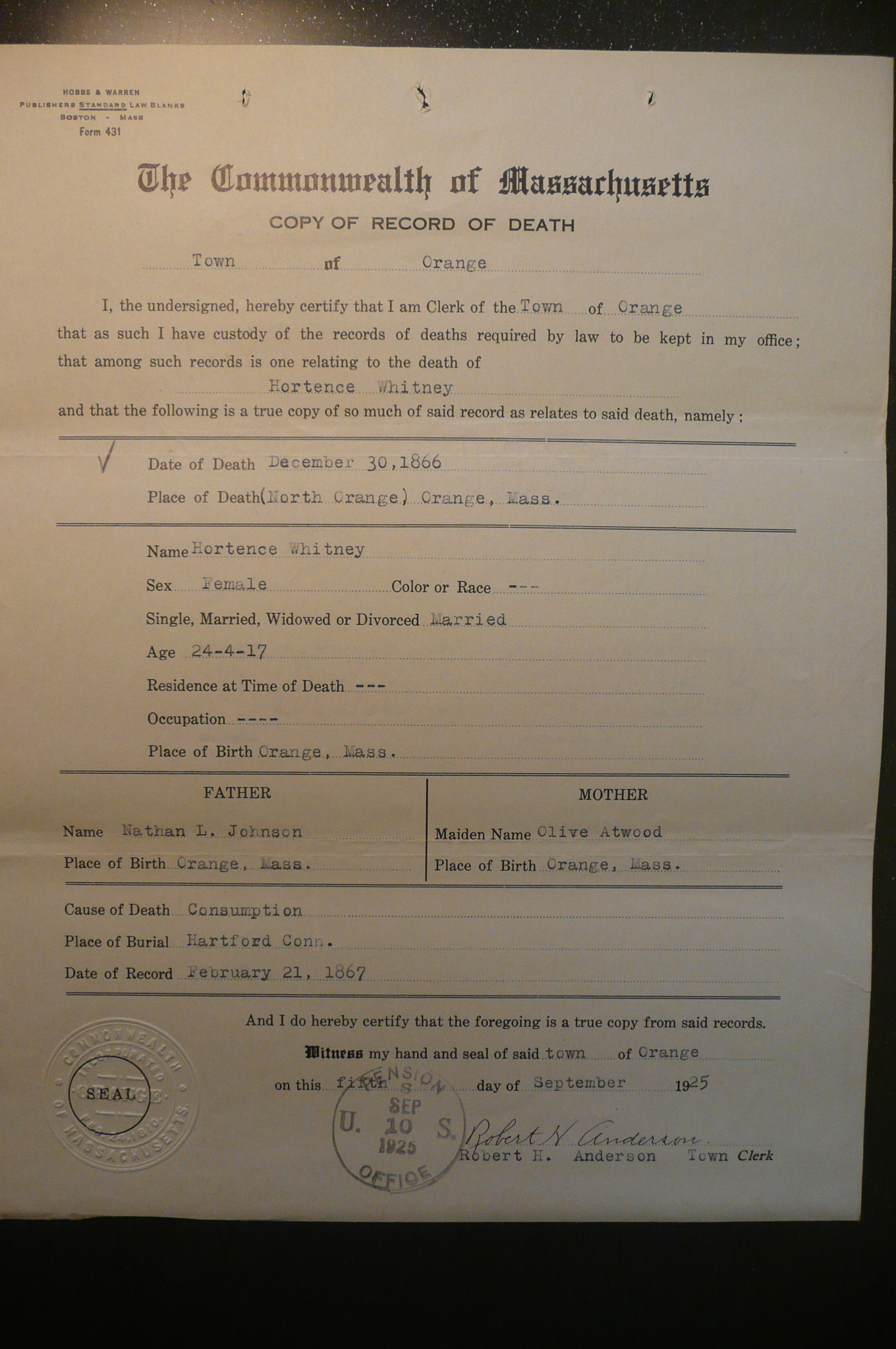 Death Record, Hortense Whitney