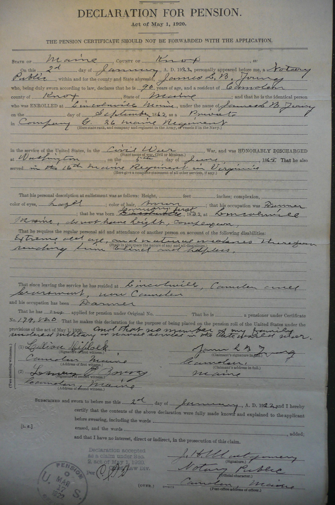 Declaration for Pension, 1922