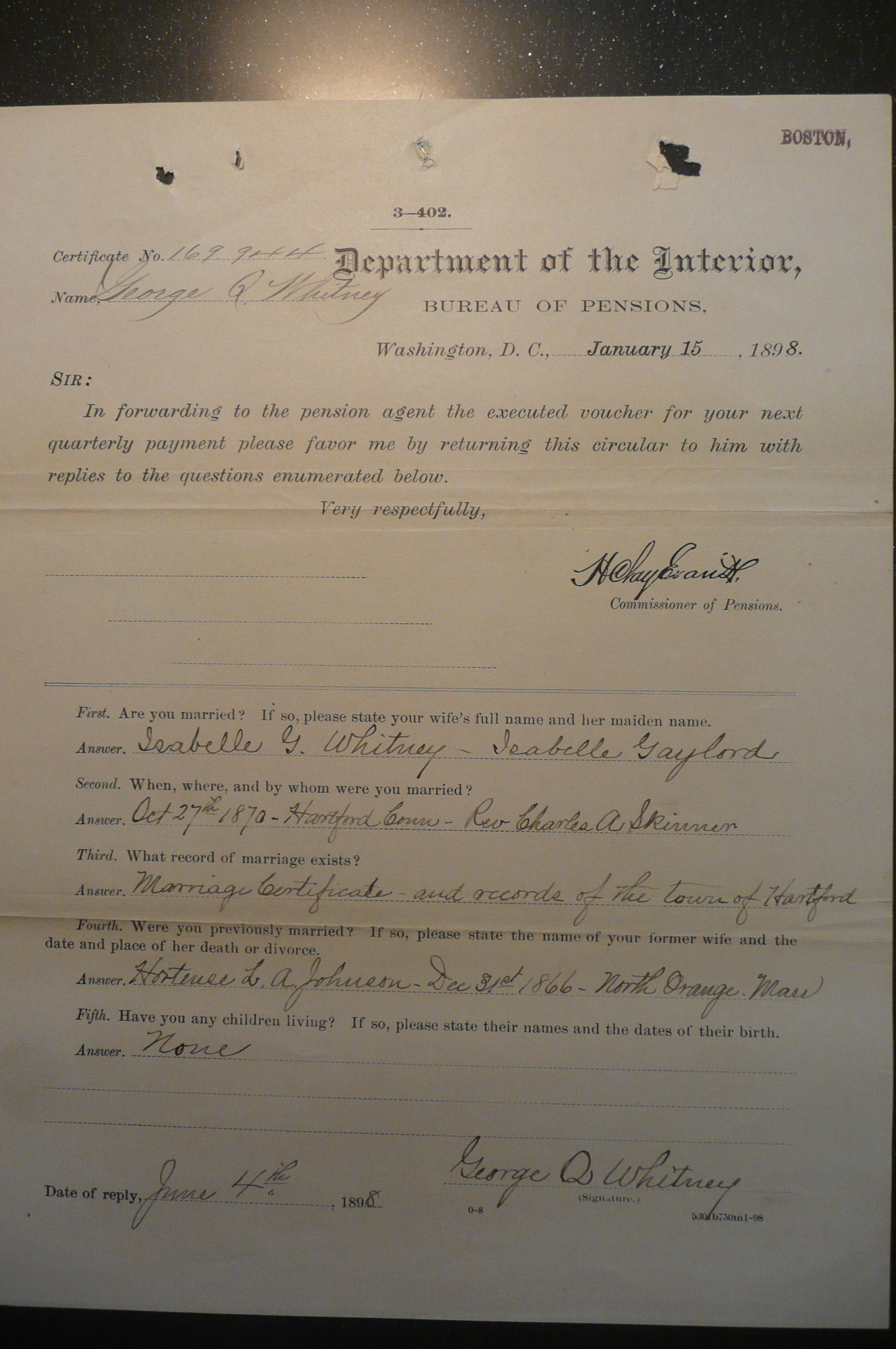 Reply to Inquiry, 1898