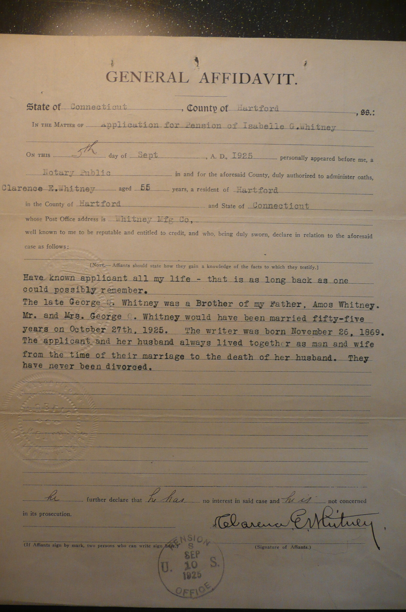 Affidavit of Clarence E. Whitney