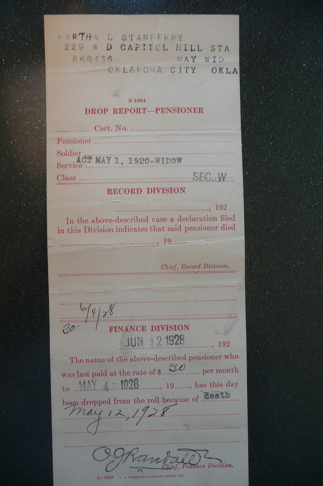 Martha's Pensioner Drop Report