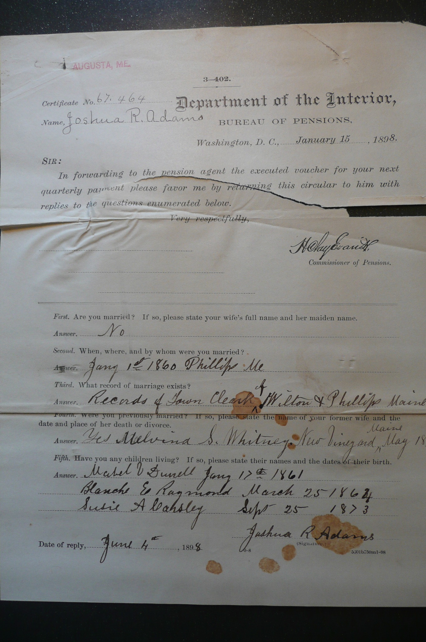 Questionnaire, 1898