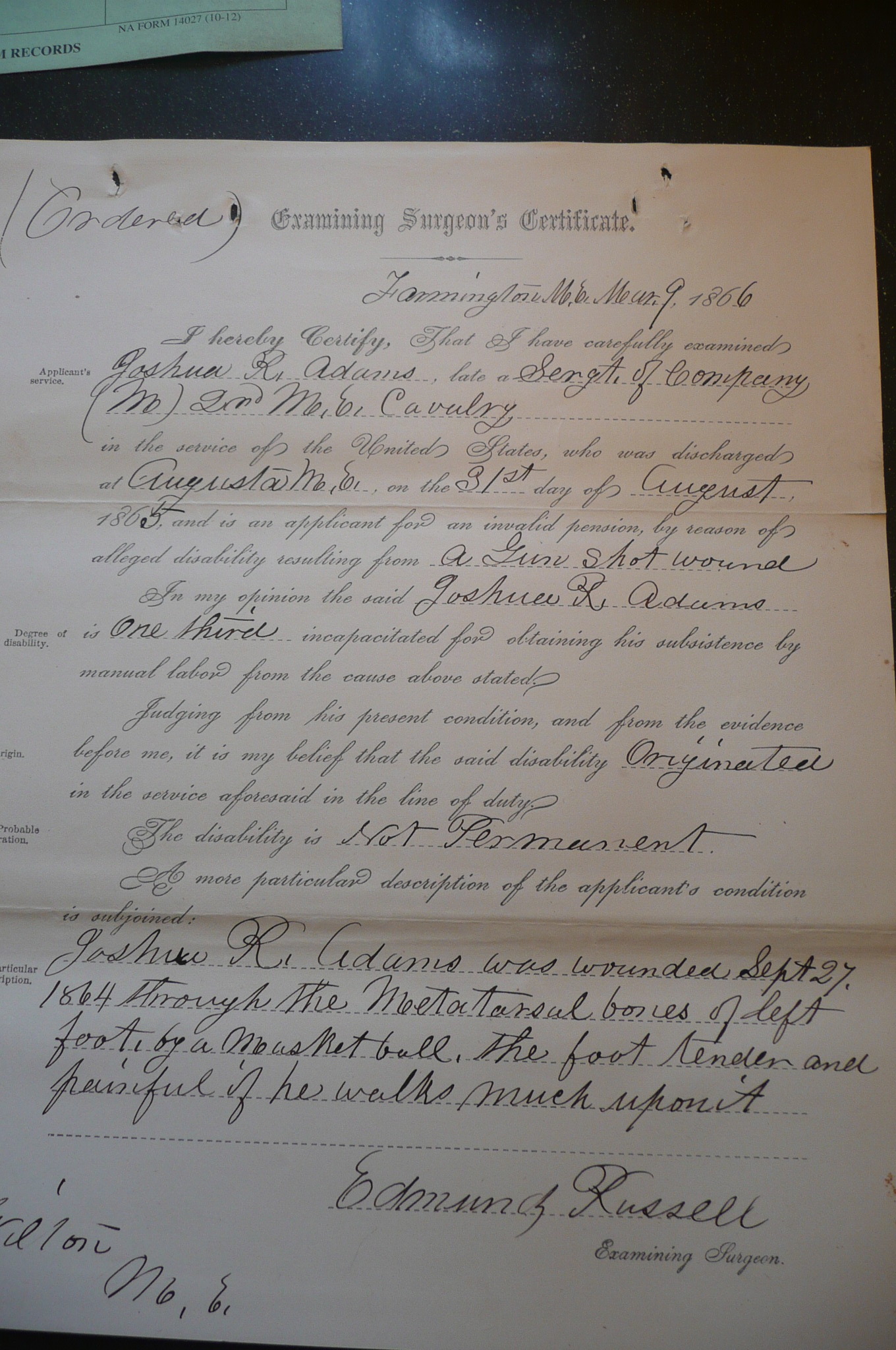 Surgeon's Certificate, 1866