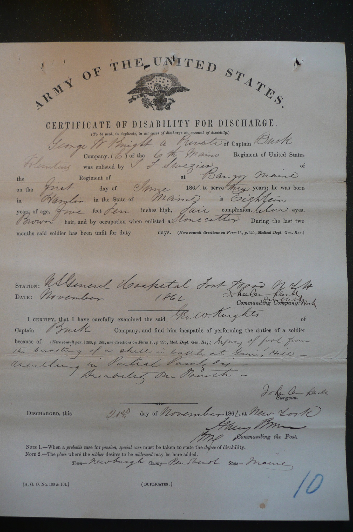 Certificate of Disability, 1862
