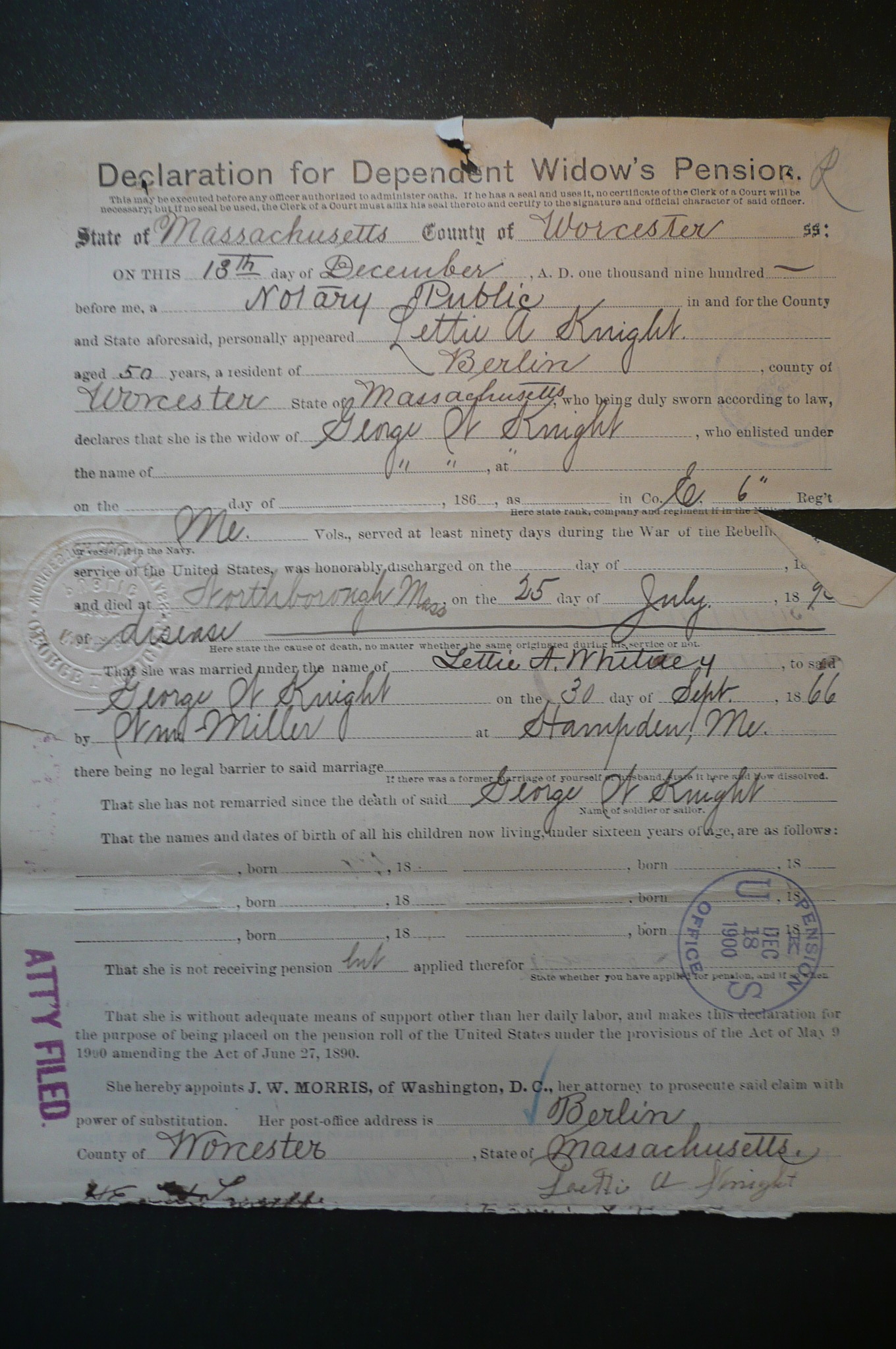 Widow's Declaration, 1900