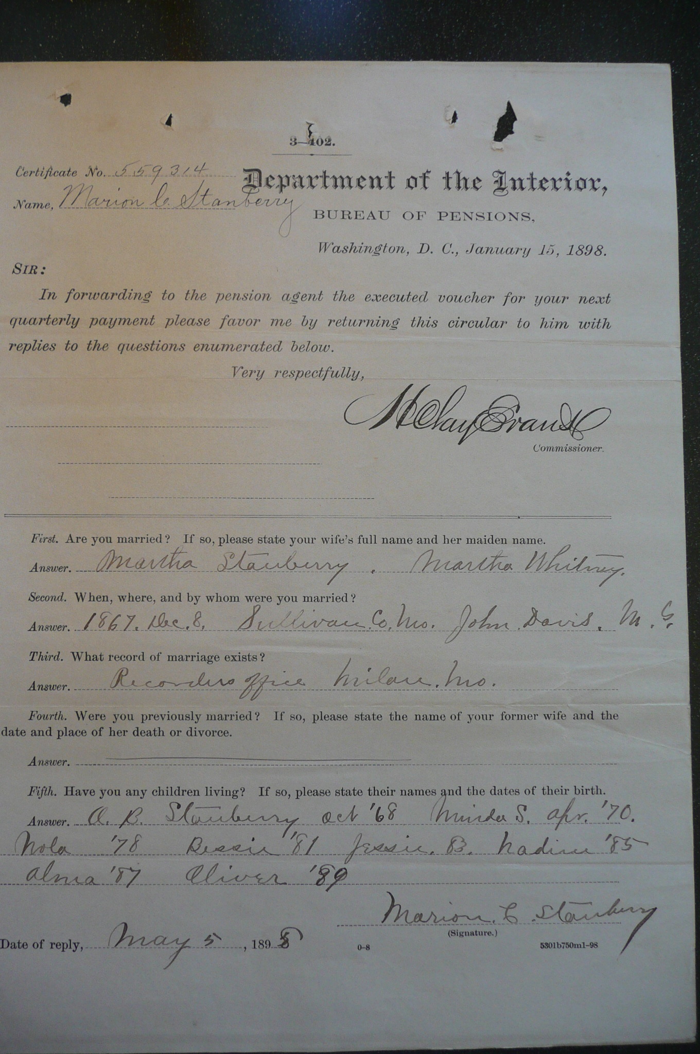 Reply to Inquiry, 1898